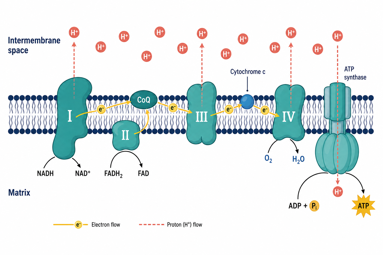 Mitochondrial inner-membrane oxidative phosphorylation with respiratory complexes, proton gradient, and ATP synthase