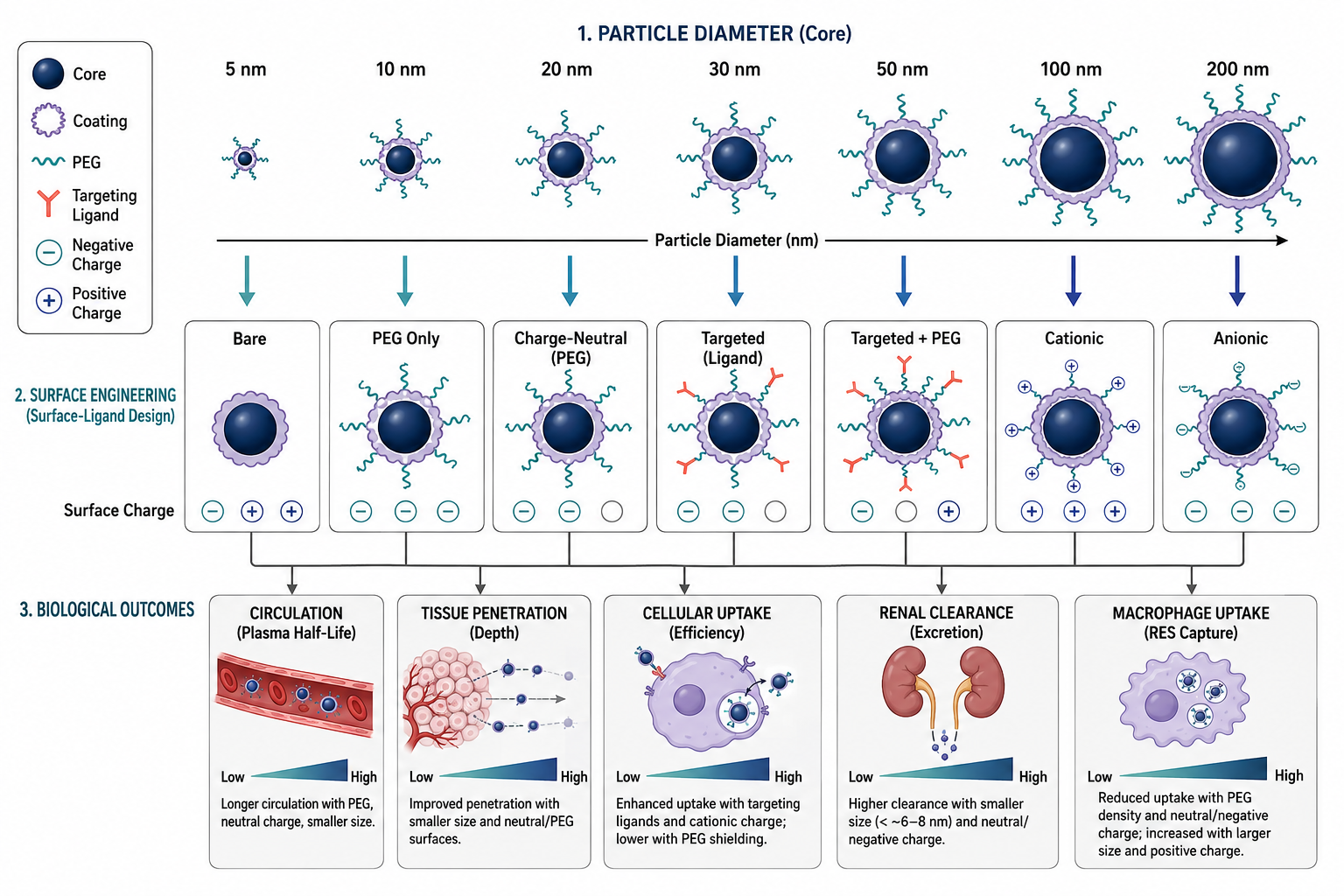 Nanoparticle design comparison linking particle size and surface ligands to transport, uptake, and clearance