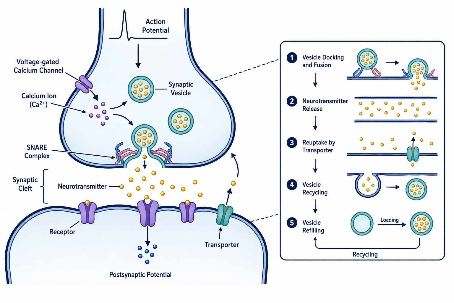 Chemical synaptic transmission from action-potential arrival through vesicle fusion and postsynaptic receptor activation