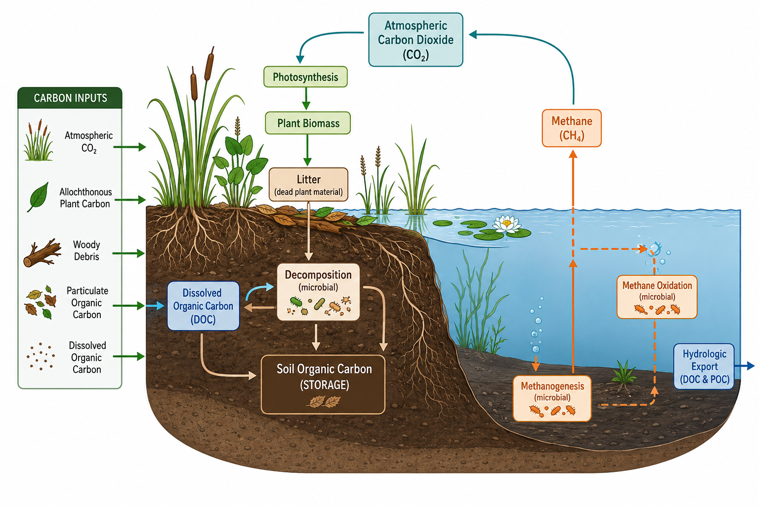 Wetland carbon cycle showing plant uptake, litter input, soil storage, methane production, oxidation, and gas exchange